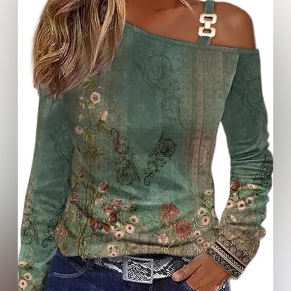 NEW Boho Floral Cold Shoulder Top Sz L (runs big) AKIVIDE